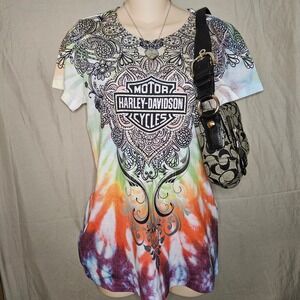 Harley Davidson Tie Dye‎ Rhinestone T-Shirt Motorcycle Top Panama City Beach M
